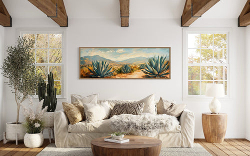 Arizona Desert Landscape With Agave Long Horizontal Framed Canvas Wall Art