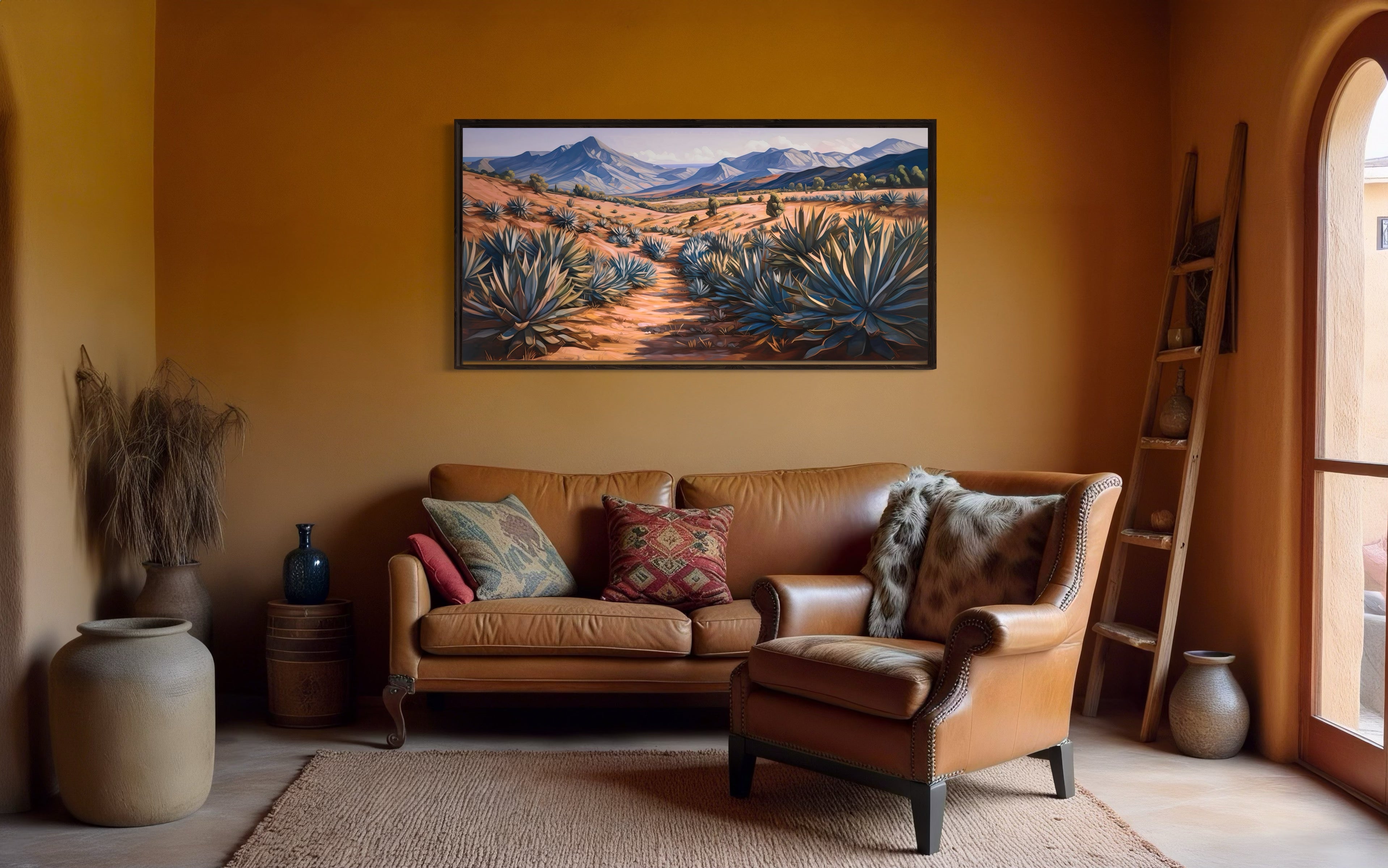 Arizona Desert Landscape With Agave Plants Framed Canvas Wall Art