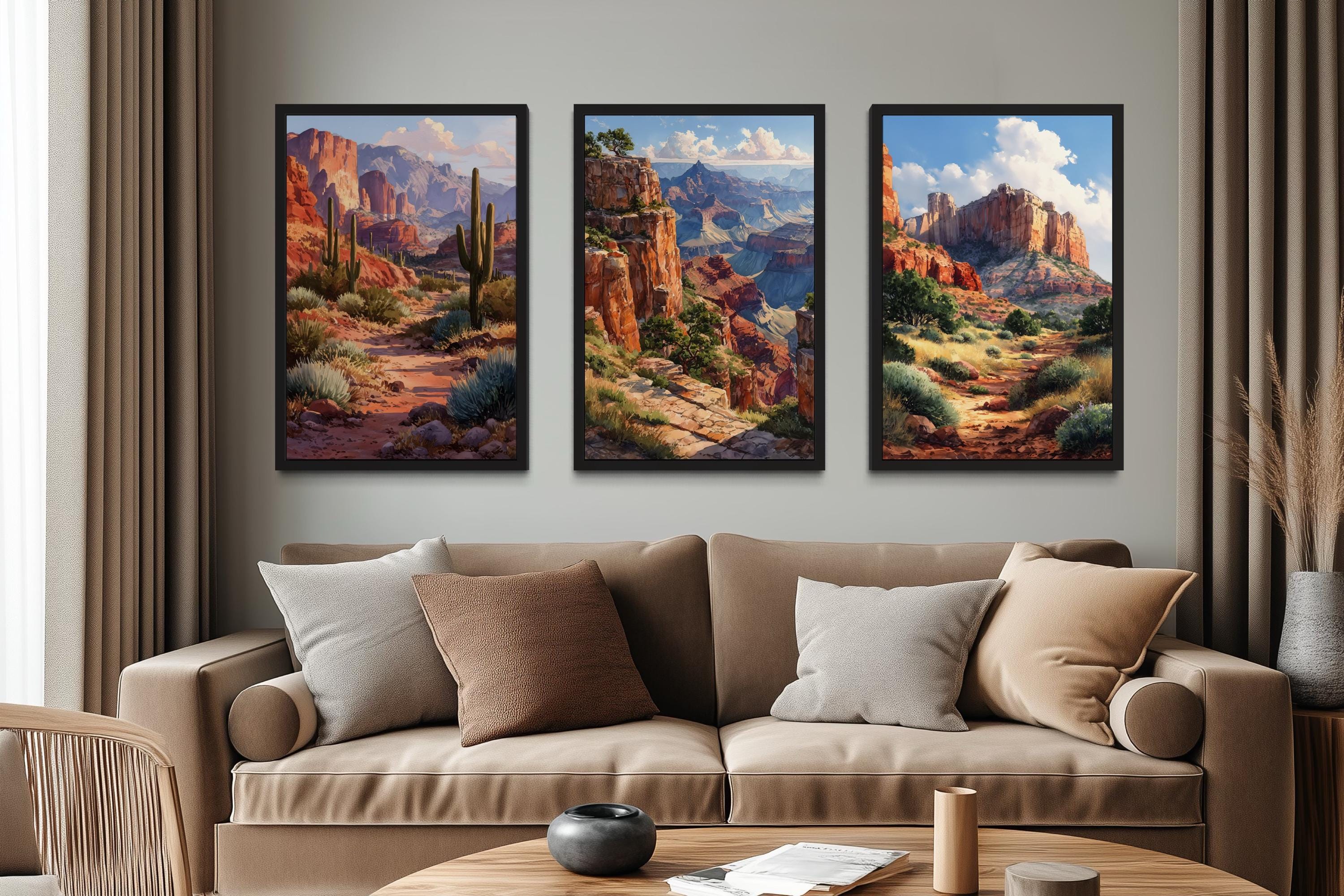 Arizona Wall Art Set of 3, Grand Canyon, Sedona, Sonoran Desert Cactus Landscape