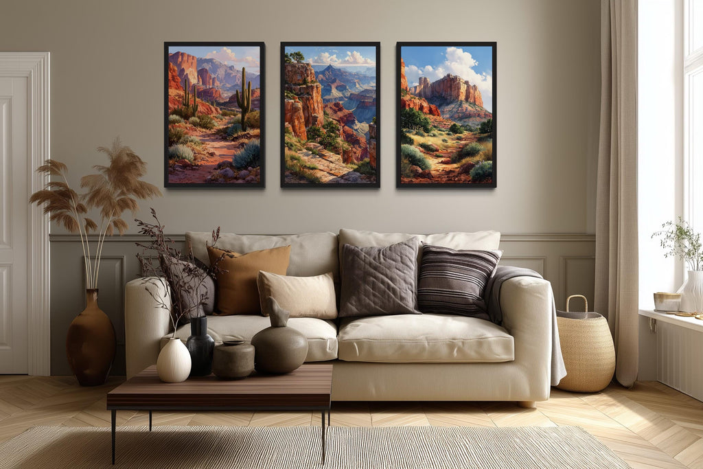 Arizona Wall Art Set of 3, Grand Canyon, Sedona, Sonoran Desert Cactus Landscape