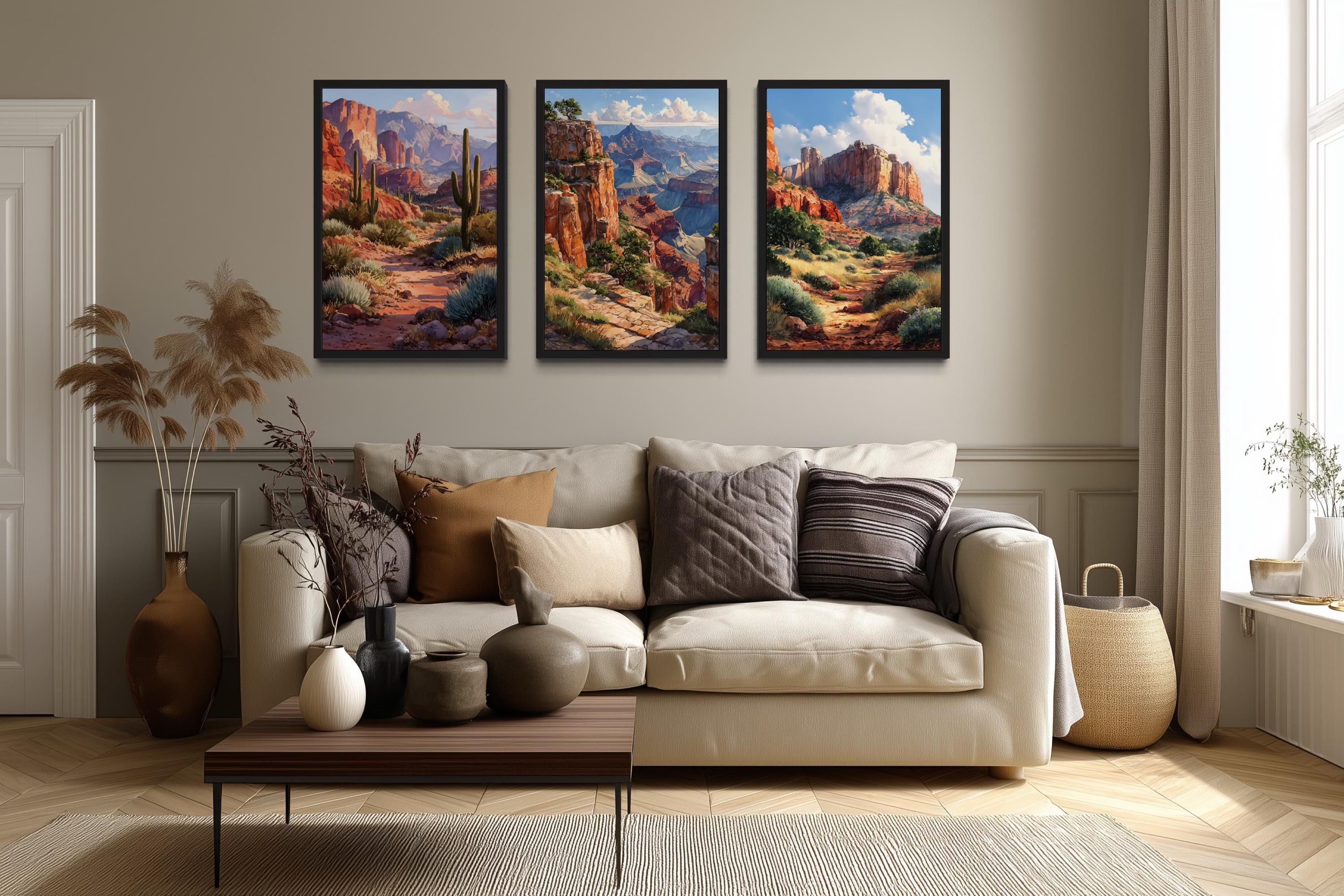 Arizona Wall Art Set of 3, Grand Canyon, Sedona, Sonoran Desert Cactus Landscape