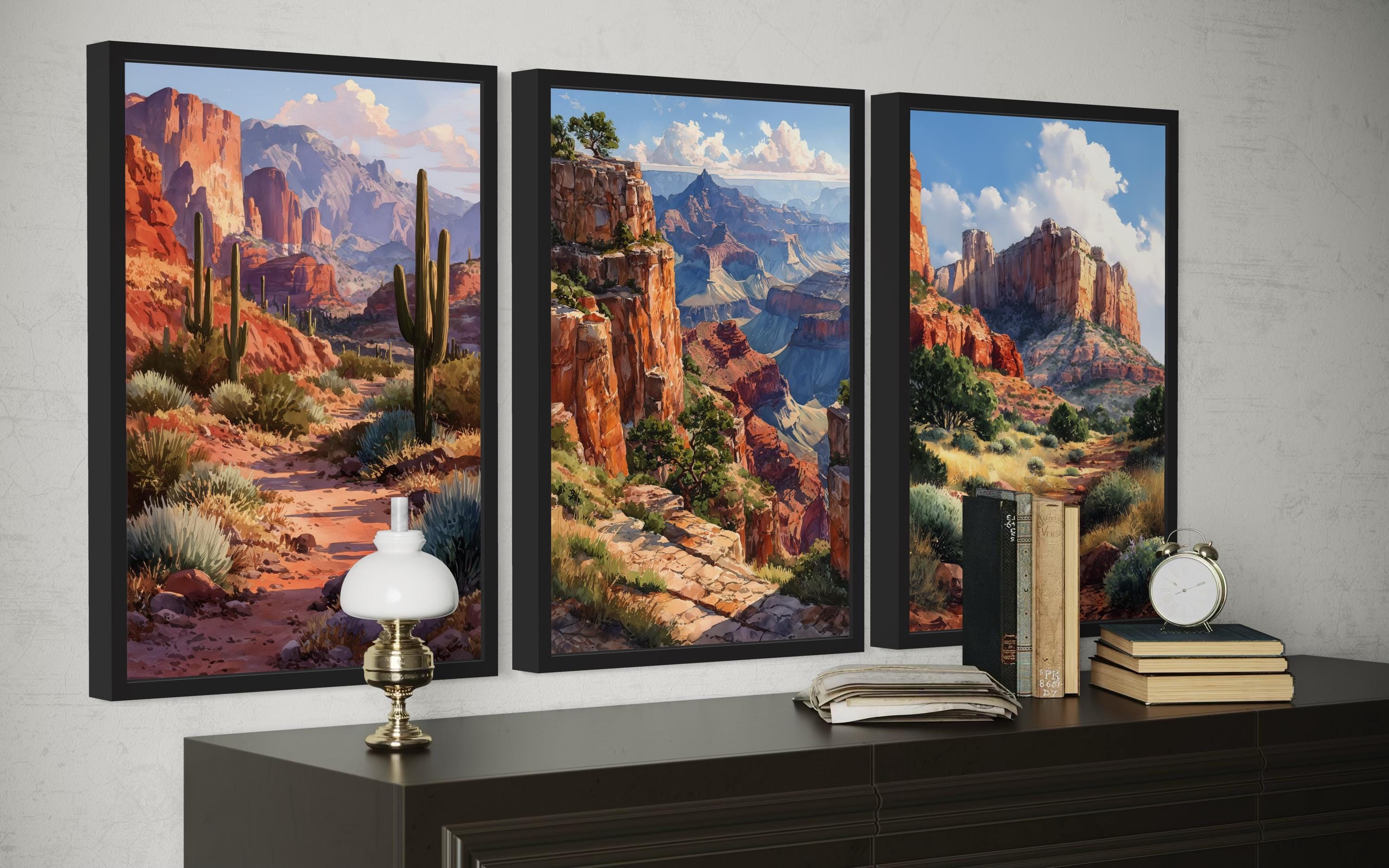 Arizona Wall Art Set of 3, Grand Canyon, Sedona, Sonoran Desert Cactus Landscape