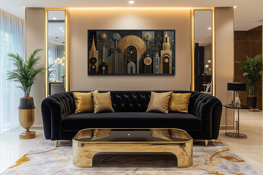 Art Deco Cityscape Wall Art - Black Gold Canvas Print With Geometric Skyline For Office Decor