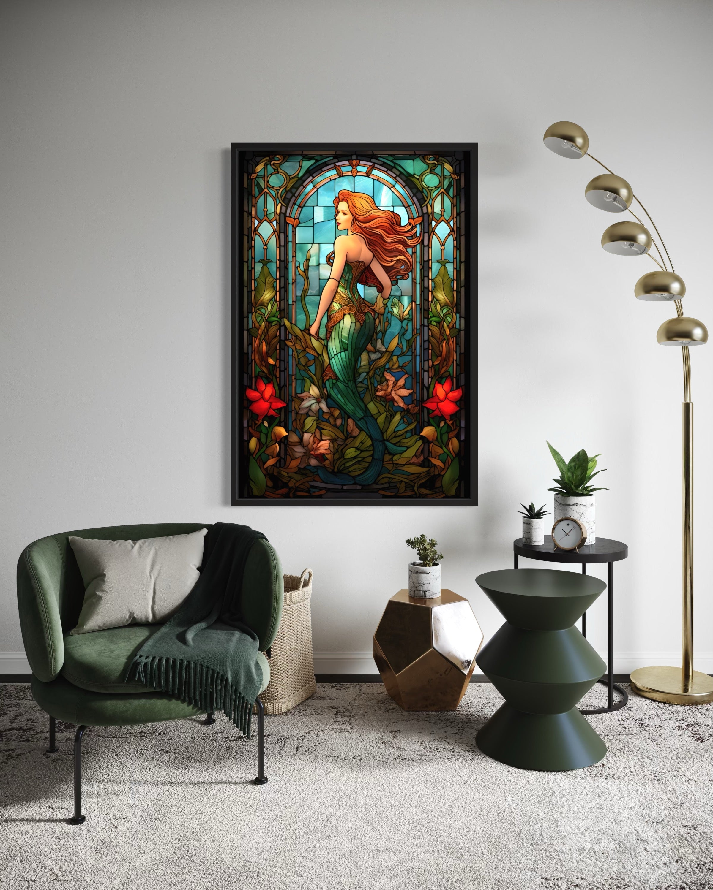 Art Nouveau Mermaid Stained Glass Style Framed Canvas Wall Art