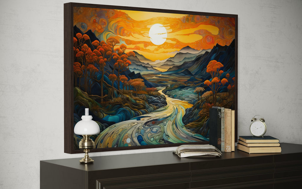 Art Nouveau Sunset Mountains Landscape Framed Canvas Wall Art