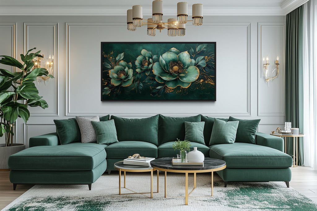 Art Nouveau Wall Art – Emerald Green Gold Floral Canvas Print for Luxury Decor