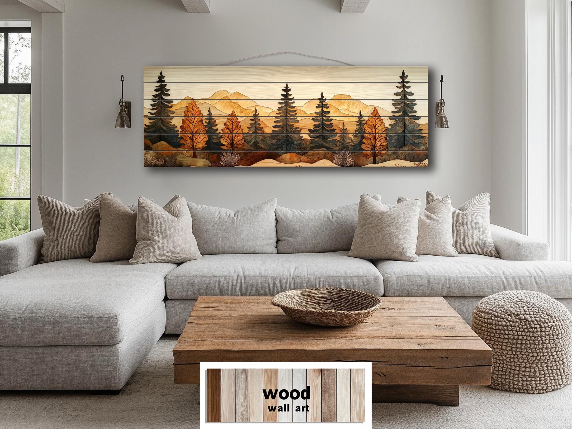 Autumn Forest Real Wood Wall Art Long Horizontal Rustic Lodge Sign