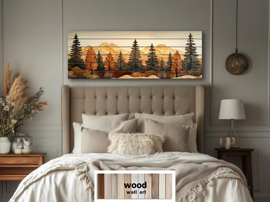 Autumn Forest Real Wood Wall Art Long Horizontal Rustic Lodge Sign