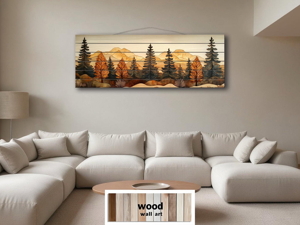 Autumn Forest Real Wood Wall Art Long Horizontal Rustic Lodge Sign