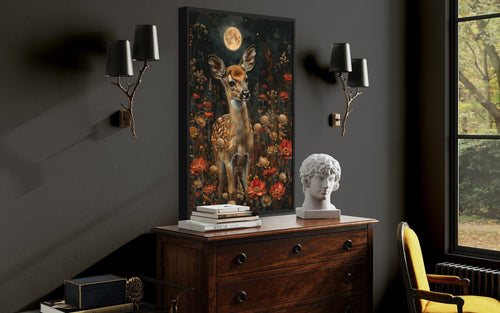 Baby Deer On The Meadow Under The Moon Moody Cottagecore Decor