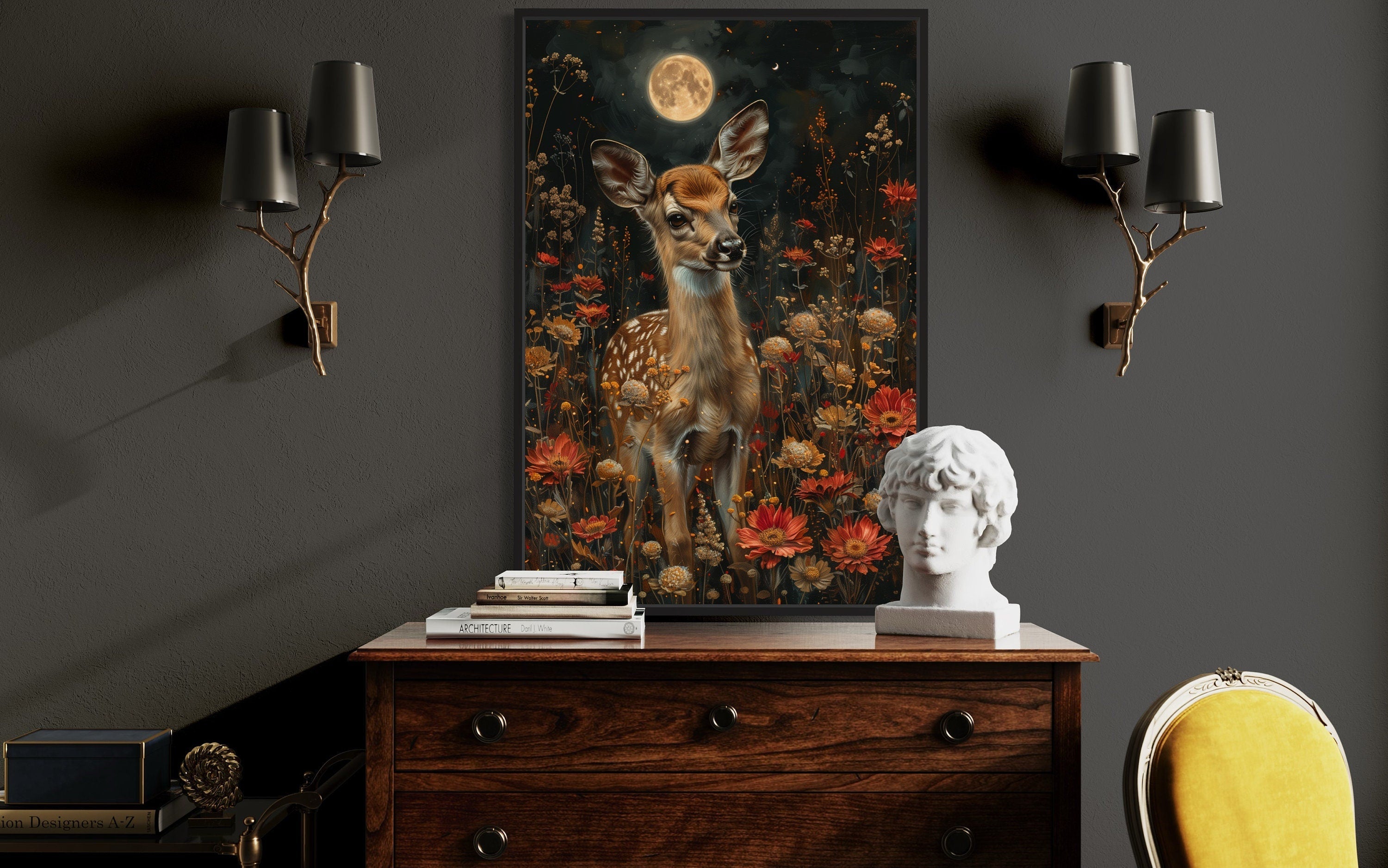 Baby Deer On The Meadow Under The Moon Moody Cottagecore Decor