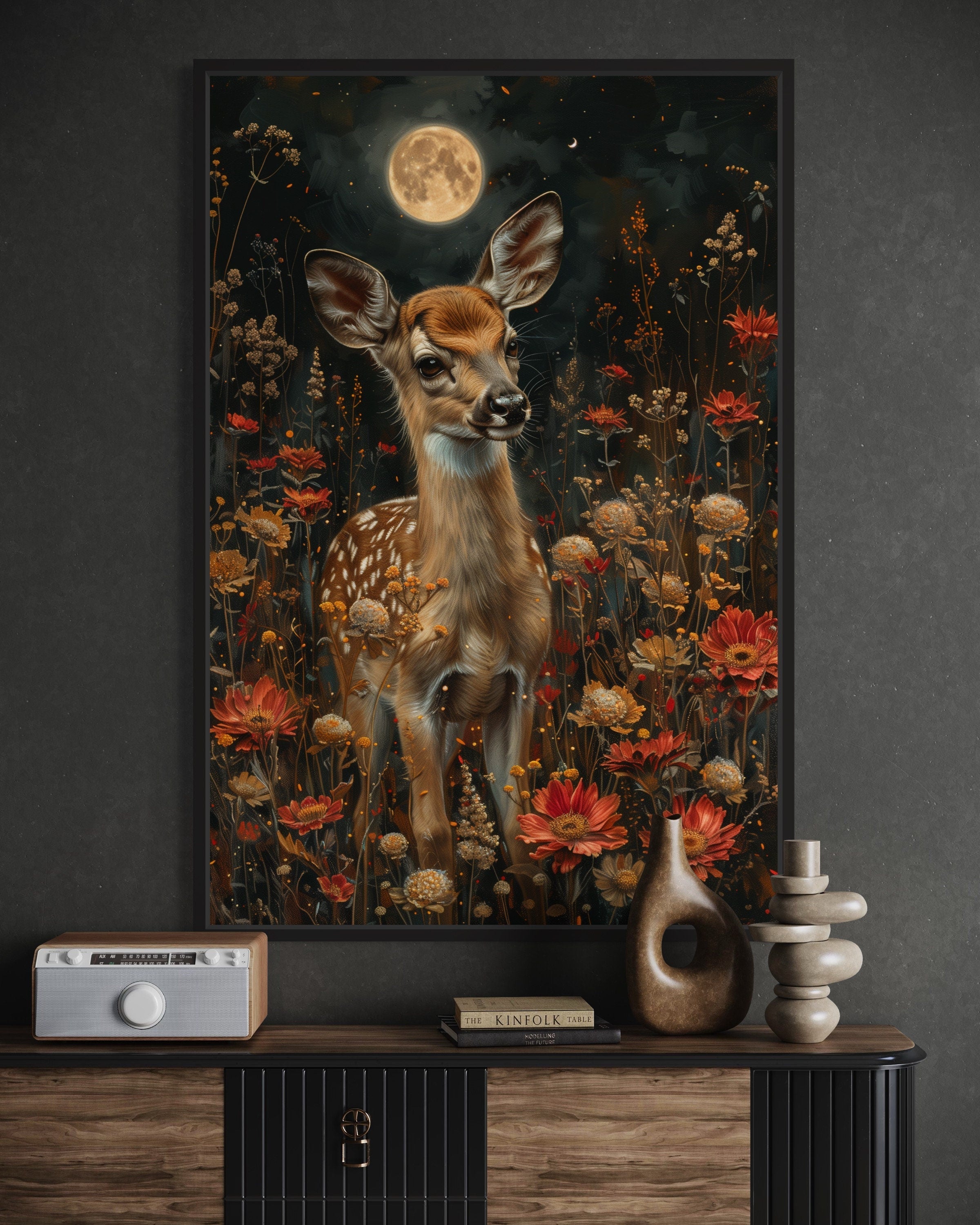 Baby Deer On The Meadow Under The Moon Moody Cottagecore Decor