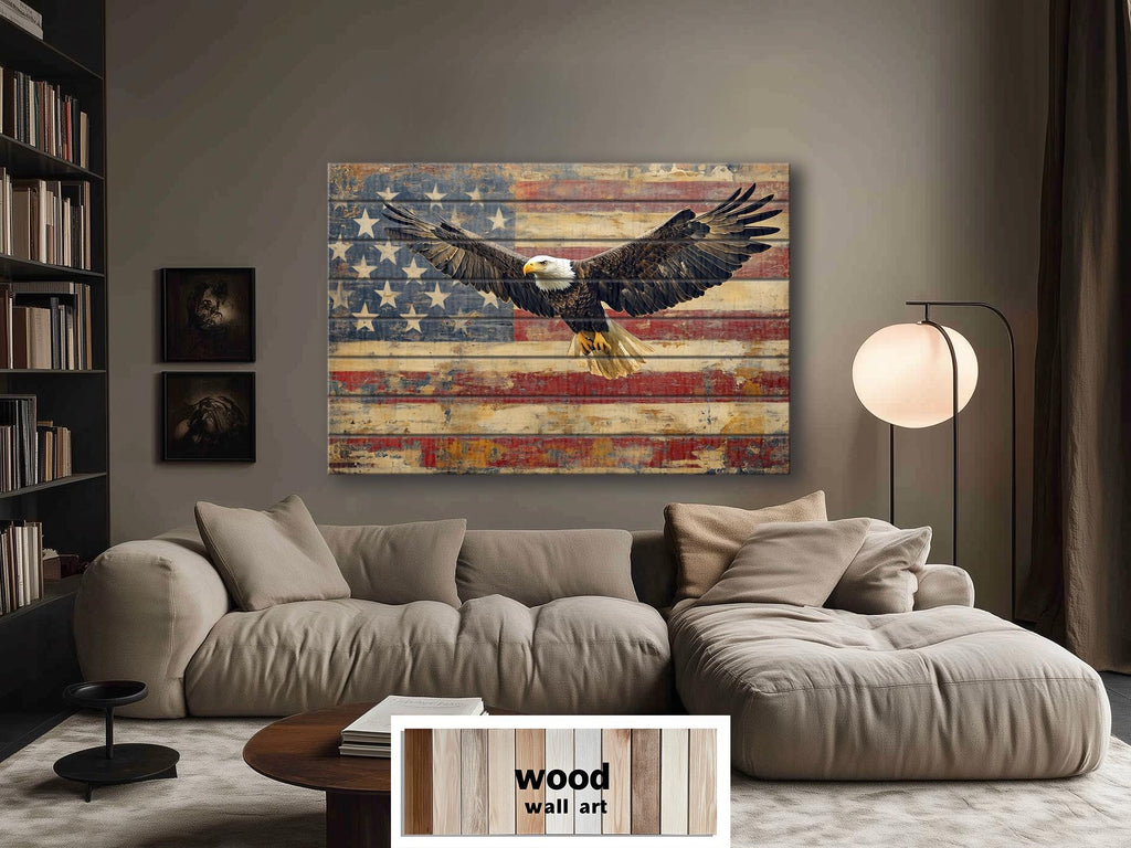 Bald Eagle and American Flag Wood Sign – Rustic Patriotic Real Wood Wall Art