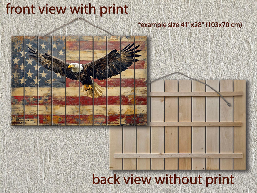 Bald Eagle and American Flag Wood Sign – Rustic Patriotic Real Wood Wall Art