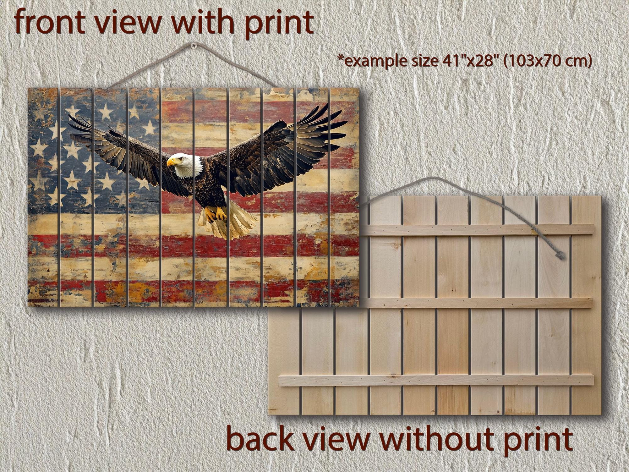 Bald Eagle and American Flag Wood Sign – Rustic Patriotic Real Wood Wall Art
