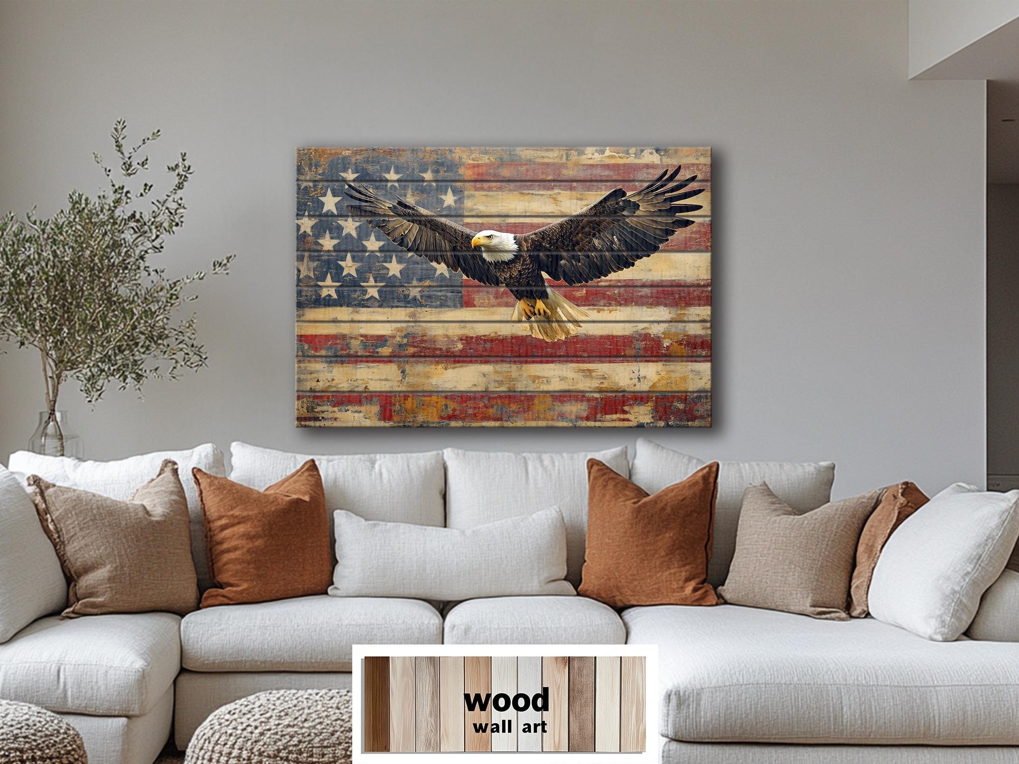 Bald Eagle and American Flag Wood Sign – Rustic Patriotic Real Wood Wall Art