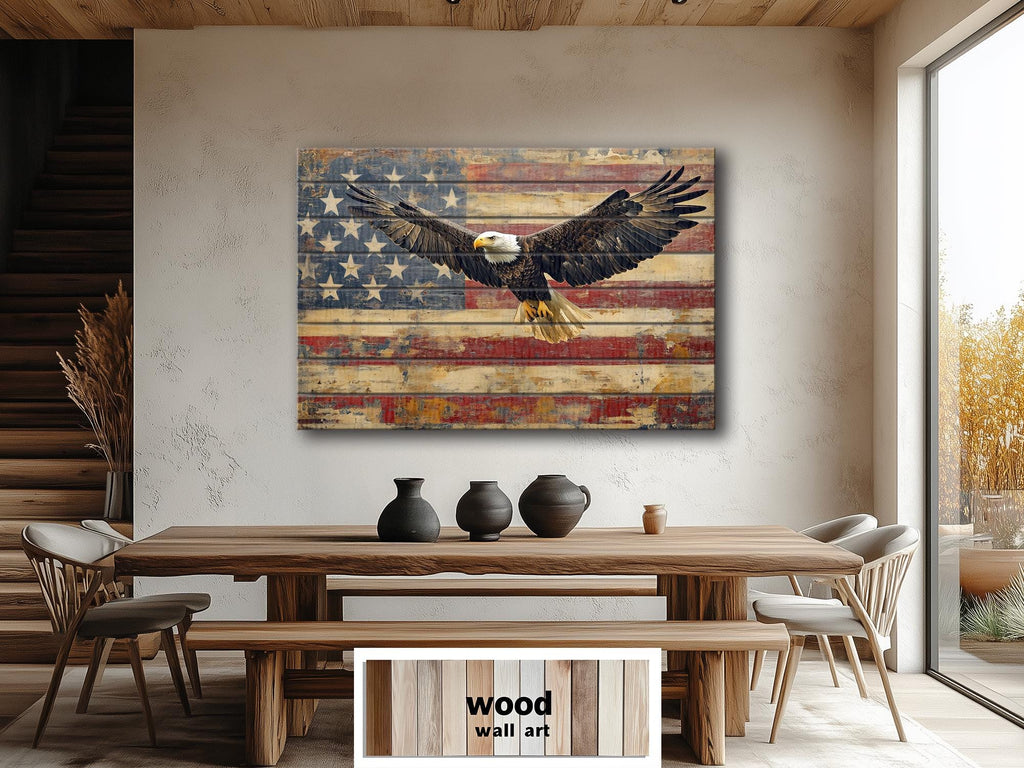Bald Eagle and American Flag Wood Sign – Rustic Patriotic Real Wood Wall Art