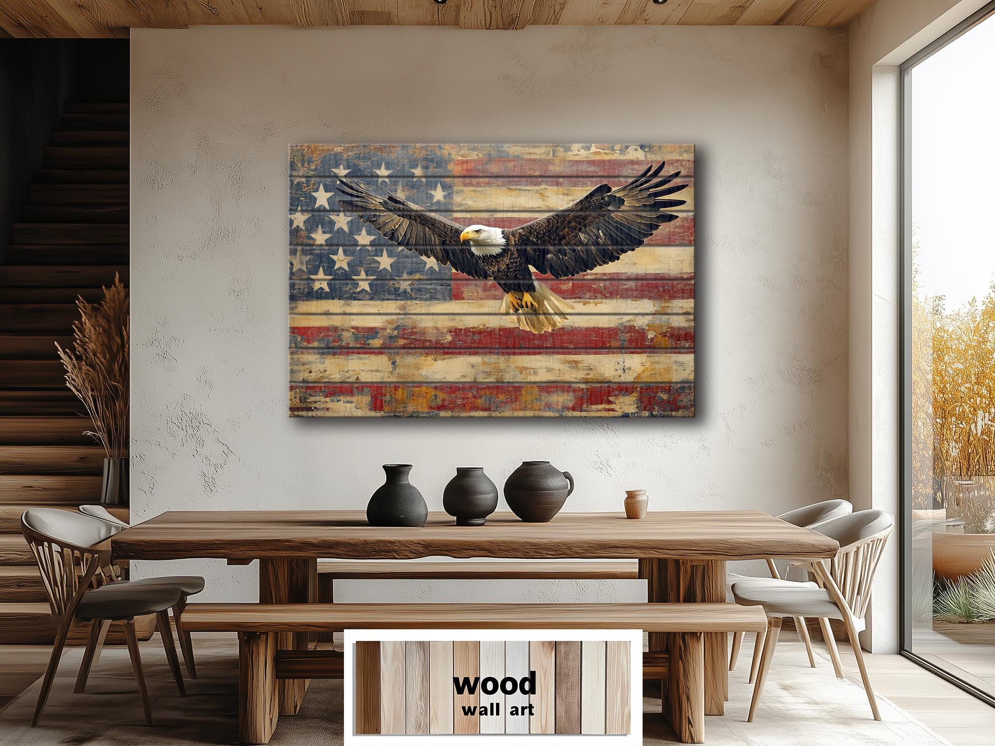 Bald Eagle and American Flag Wood Sign – Rustic Patriotic Real Wood Wall Art