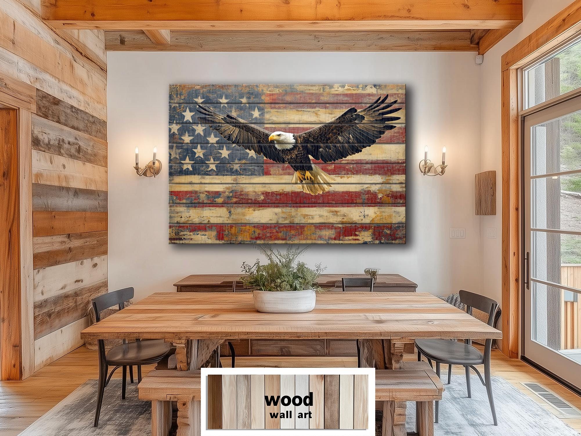 Bald Eagle and American Flag Wood Sign – Rustic Patriotic Real Wood Wall Art