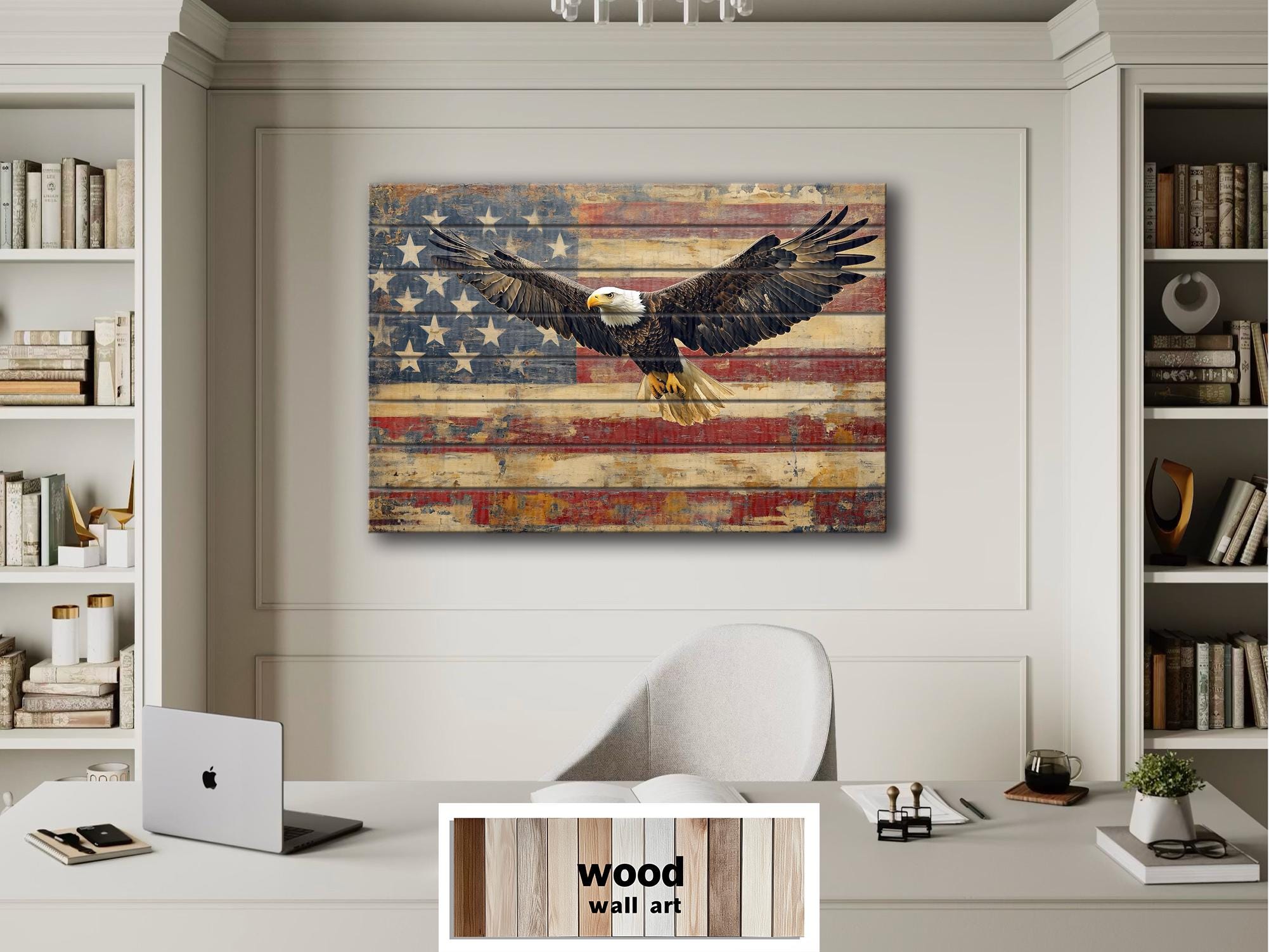 Bald Eagle and American Flag Wood Sign – Rustic Patriotic Real Wood Wall Art