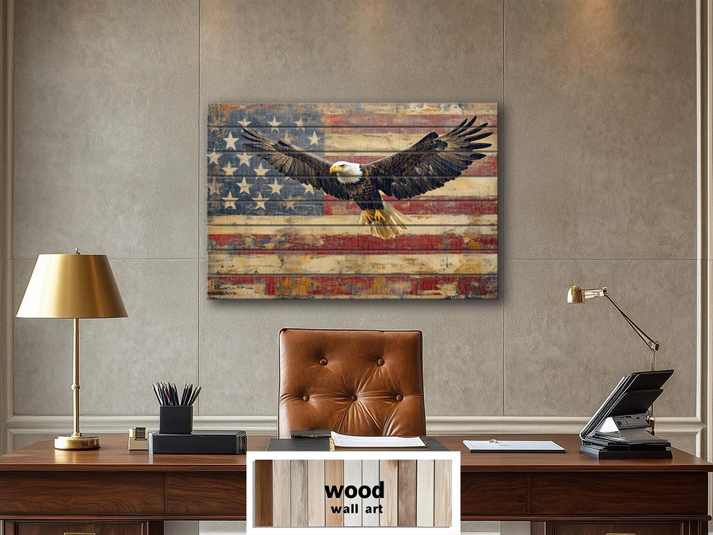 Bald Eagle and American Flag Wood Sign – Rustic Patriotic Real Wood Wall Art