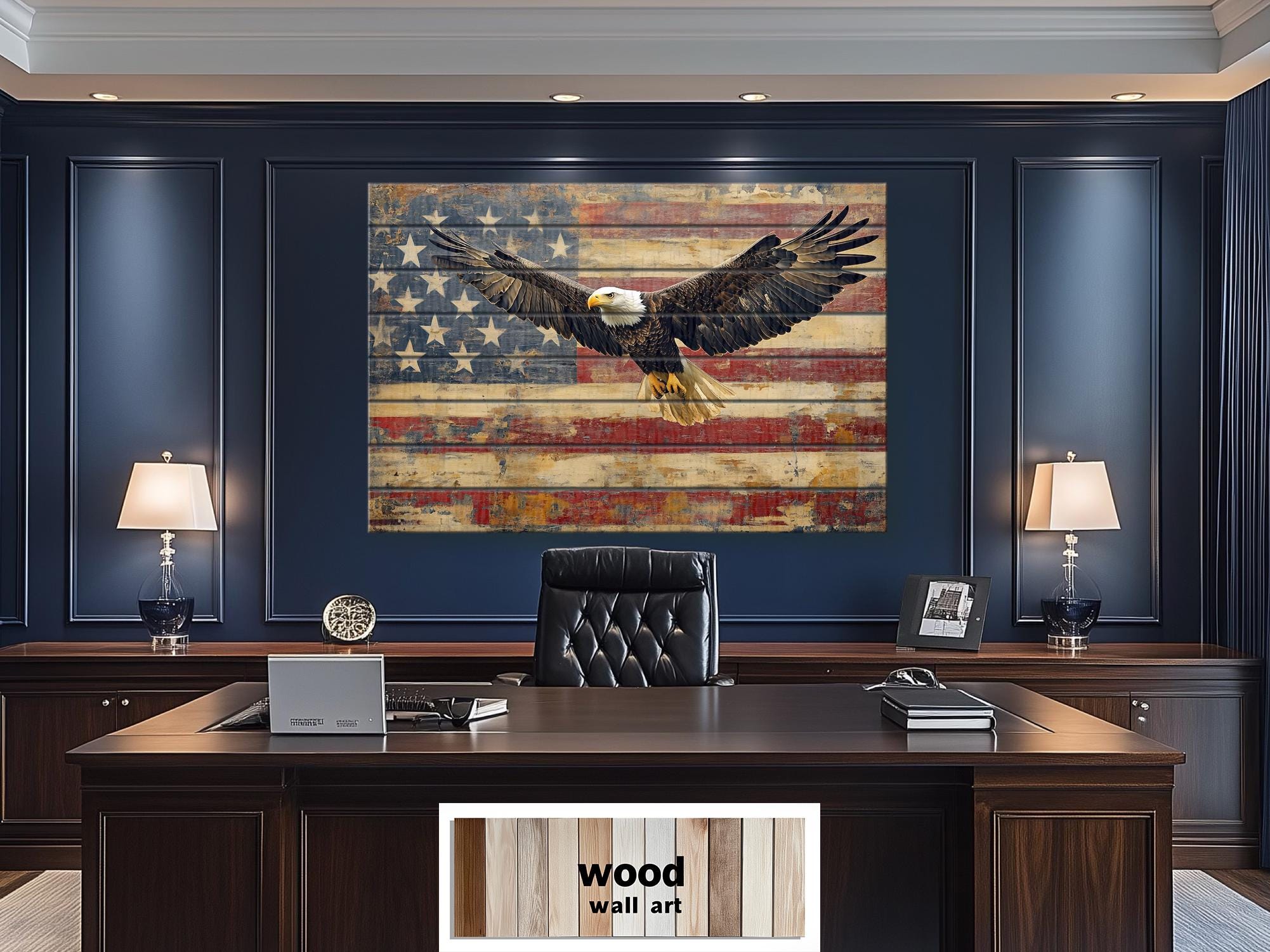 Bald Eagle and American Flag Wood Sign – Rustic Patriotic Real Wood Wall Art