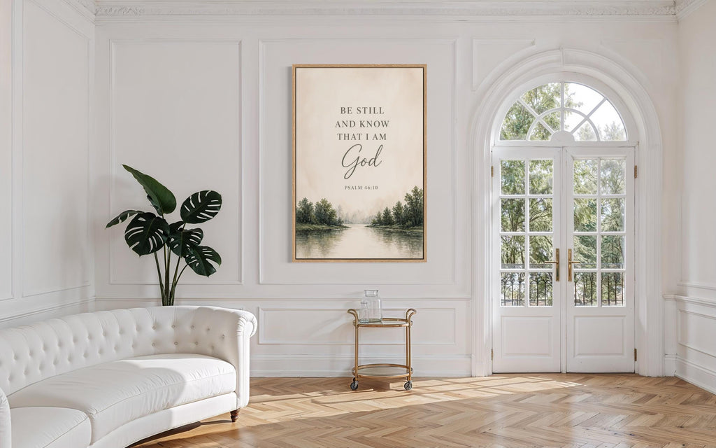 Be Still and Know That I Am God On Watercolor Calm Landscape Christian Scripture Decor