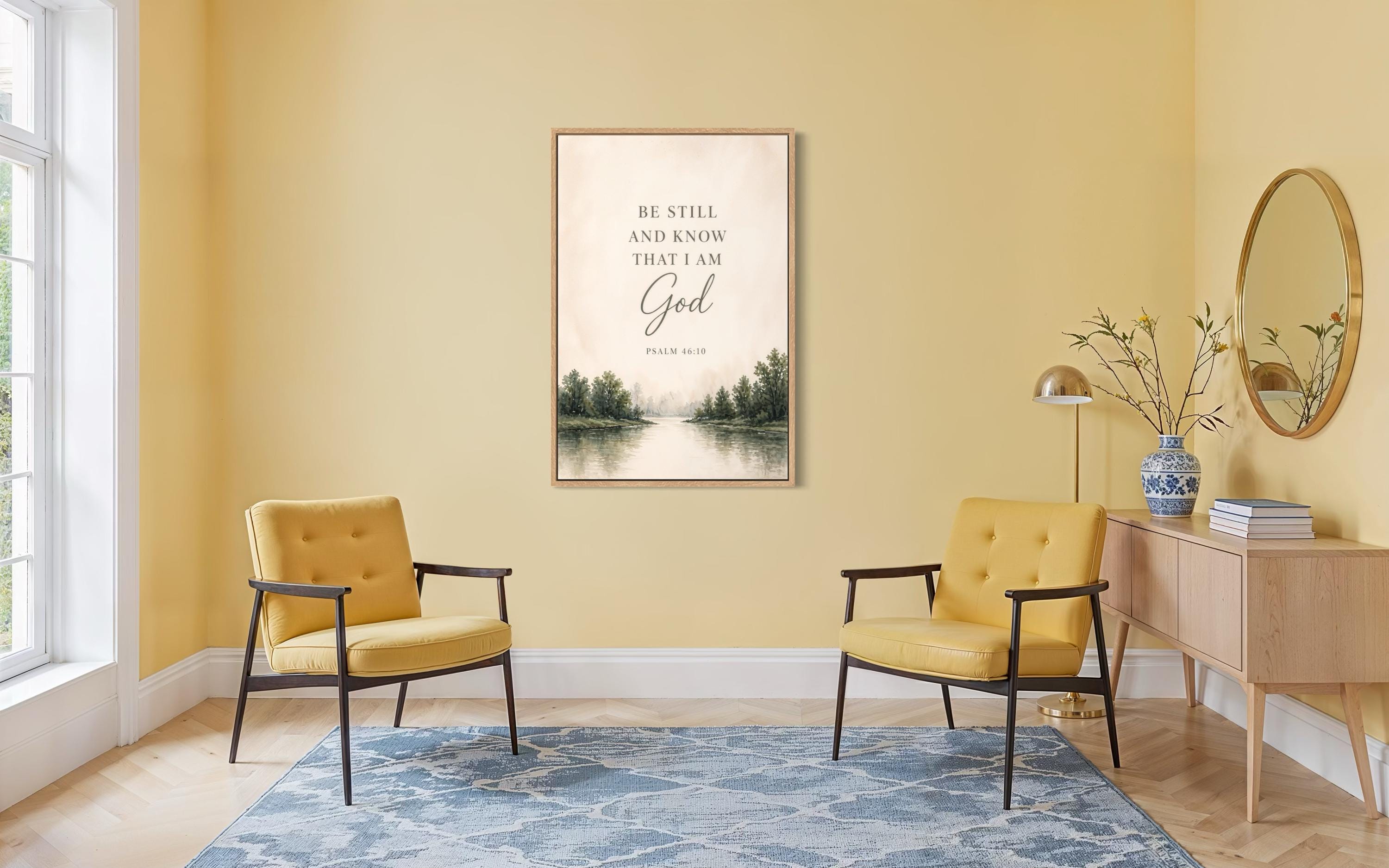 Be Still and Know That I Am God On Watercolor Calm Landscape Christian Scripture Decor