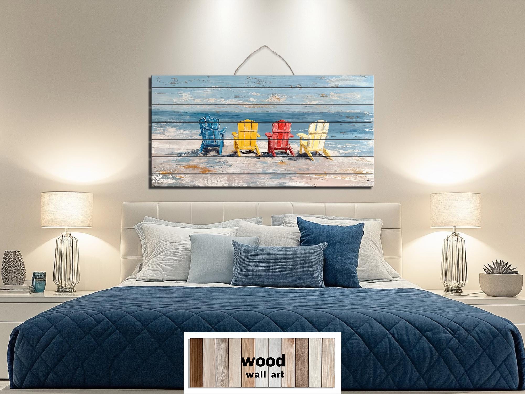 Beach Chairs Wall Art - Colorful Adirondack Chairs Coastal Wood Print | Rustic Beach House Decor