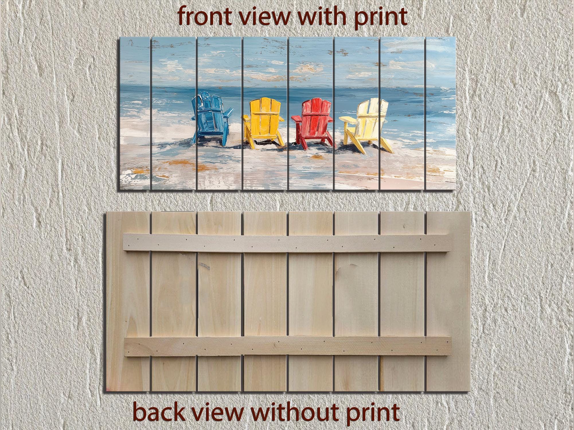 Beach Chairs Wall Art - Colorful Adirondack Chairs Coastal Wood Print | Rustic Beach House Decor