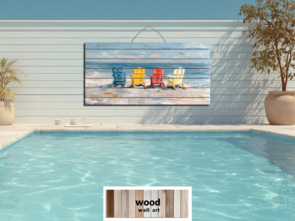 Beach Chairs Wall Art - Colorful Adirondack Chairs Coastal Wood Print | Rustic Beach House Decor