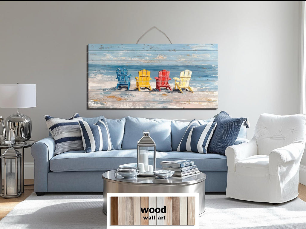 Beach Chairs Wall Art - Colorful Adirondack Chairs Coastal Wood Print | Rustic Beach House Decor