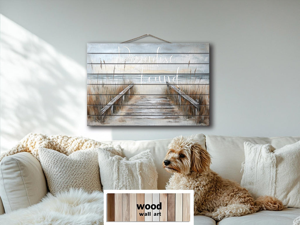 Beach Sign Wood Wall Art – Paradise Found Rustic Coastal Pier Print on Wood Planks