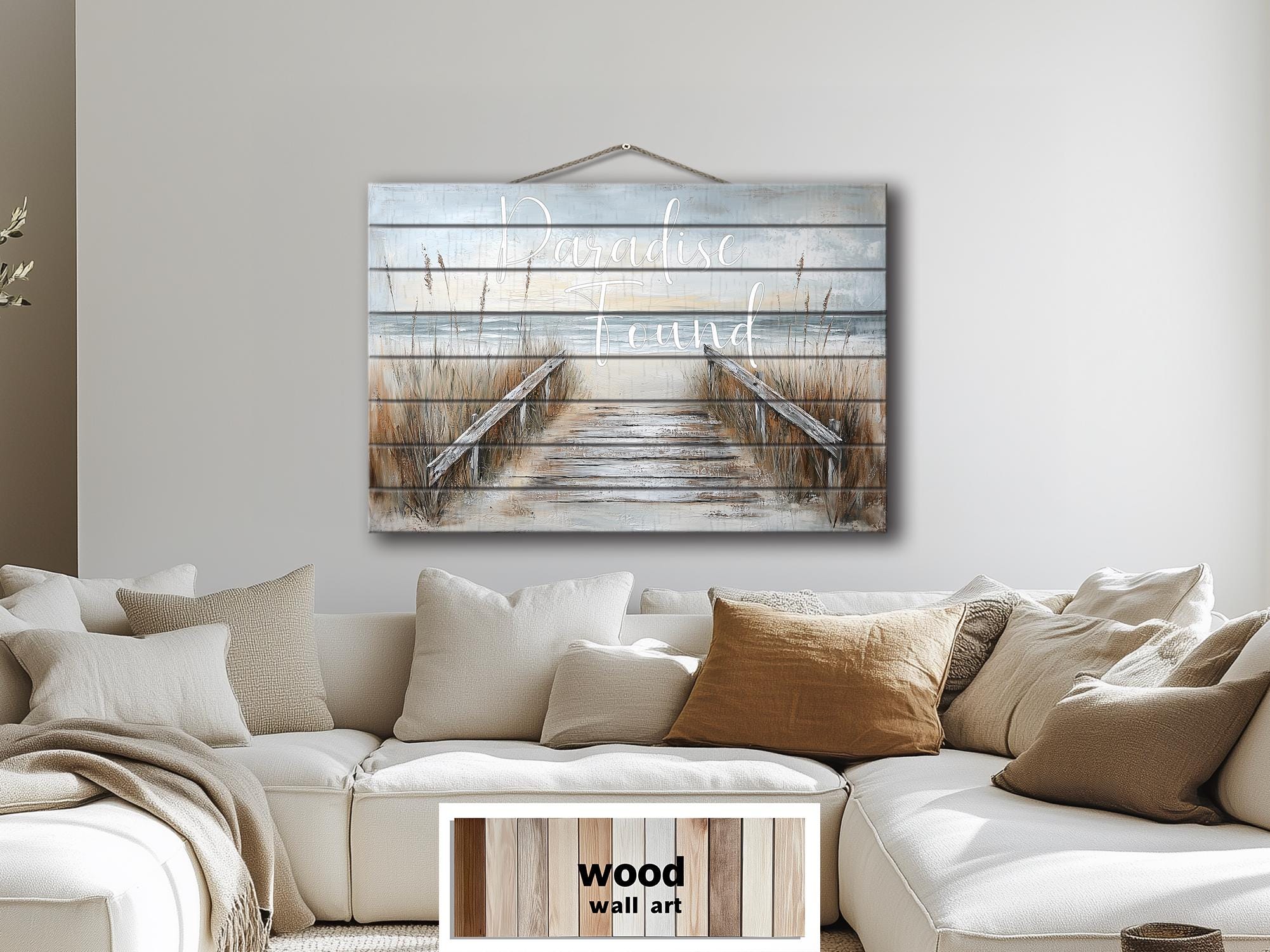 Beach Sign Wood Wall Art – Paradise Found Rustic Coastal Pier Print on Wood Planks