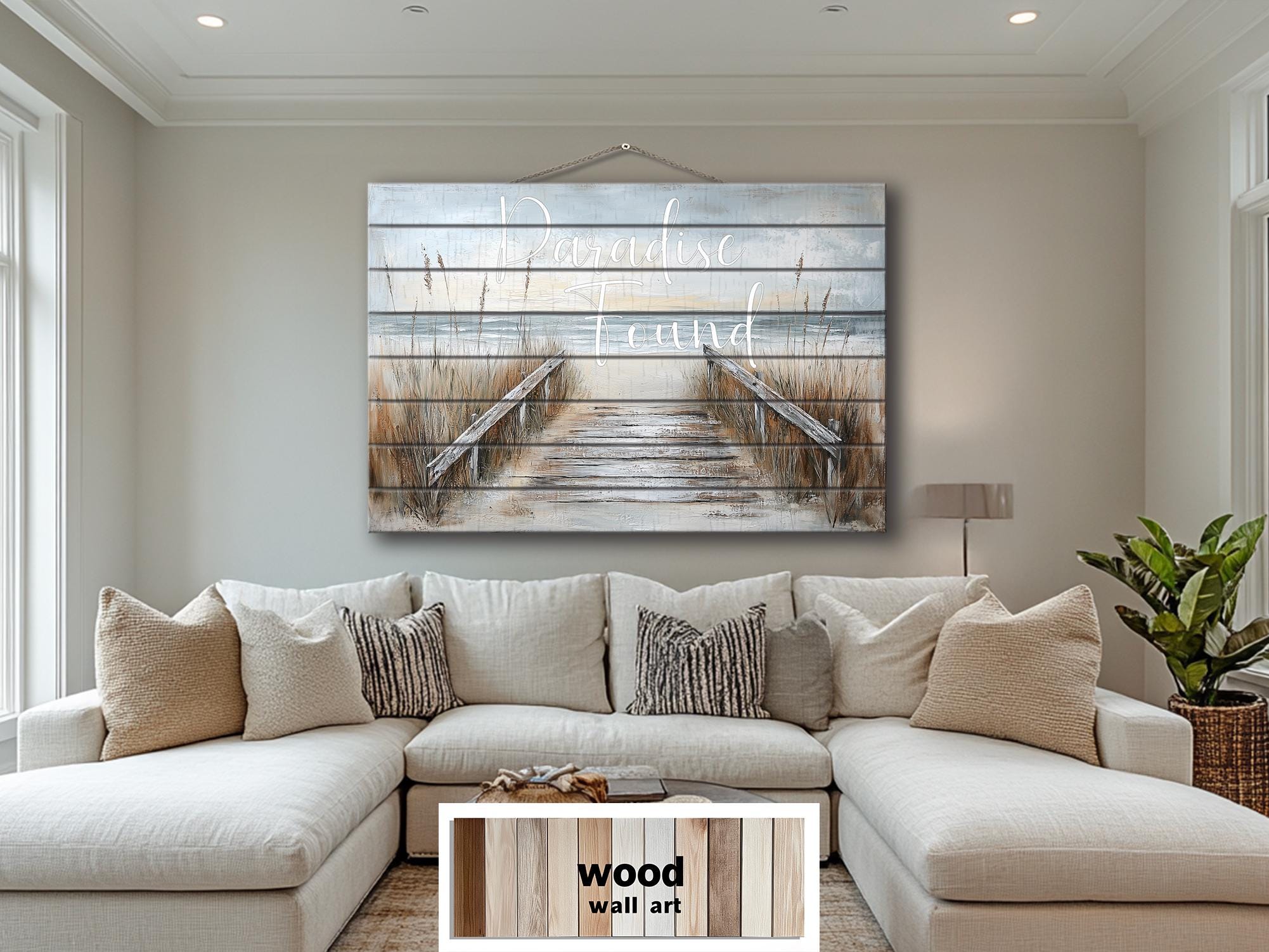 Beach Sign Wood Wall Art – Paradise Found Rustic Coastal Pier Print on Wood Planks