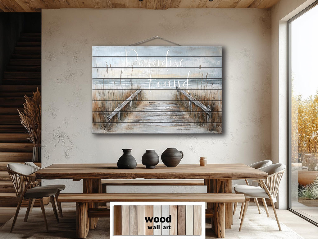 Beach Sign Wood Wall Art – Paradise Found Rustic Coastal Pier Print on Wood Planks