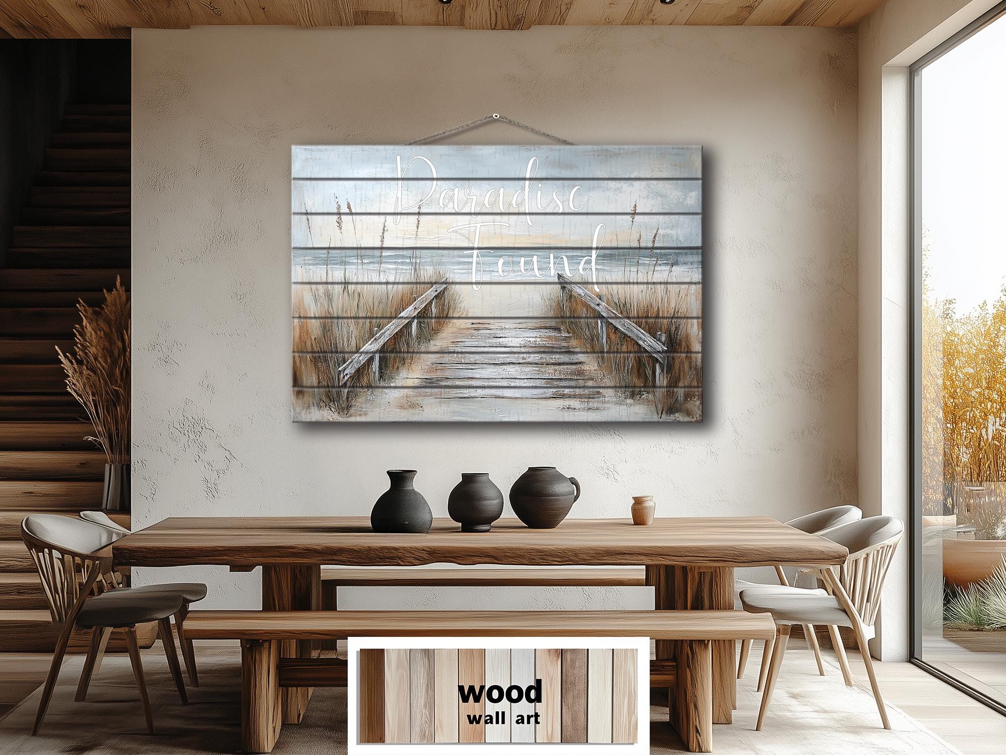 Beach Sign Wood Wall Art – Paradise Found Rustic Coastal Pier Print on Wood Planks