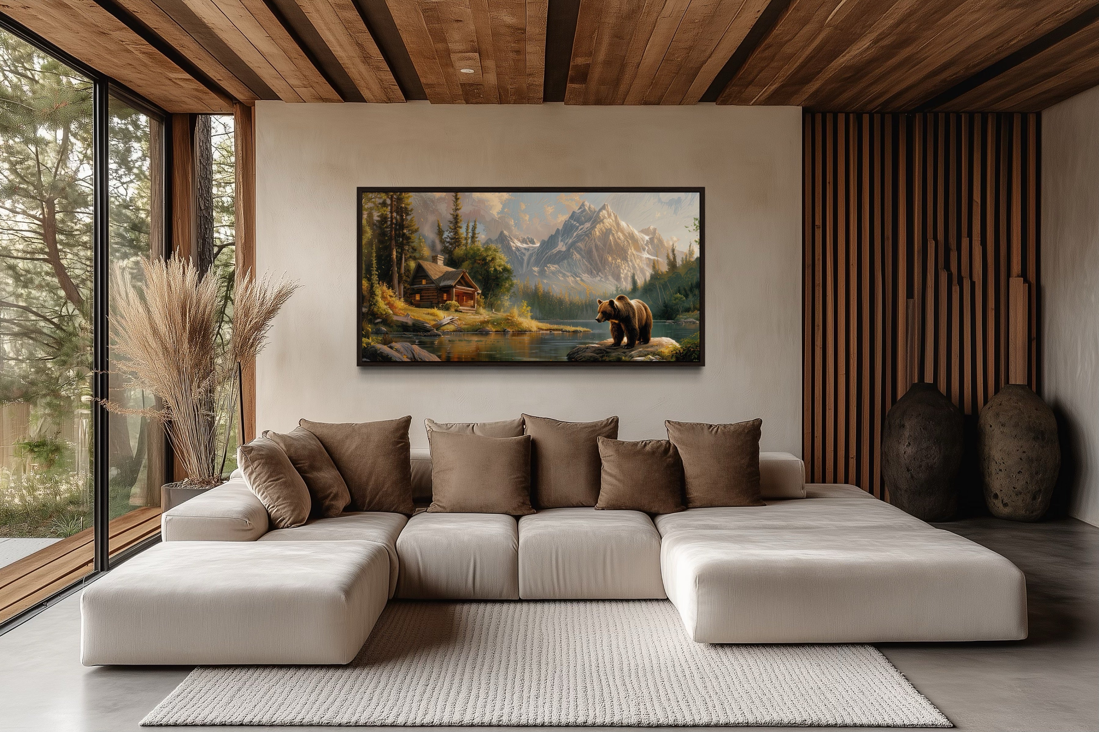 Bear Cabin Wall Art - Framed Mountain Cabin Canvas | Rustic Lake House Decor