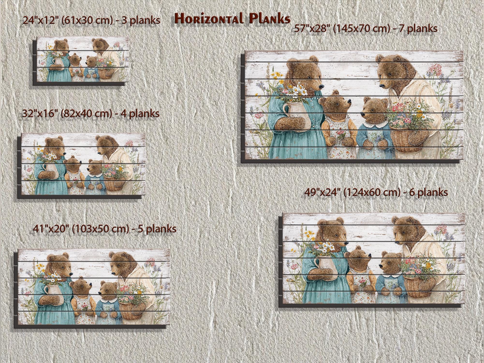 Bear Family Large Horizontal Wood Wall Art, Cottagecore Nursery Kids Room Decor