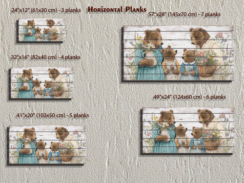 Bear Family Large Horizontal Wood Wall Art, Cottagecore Nursery Kids Room Decor