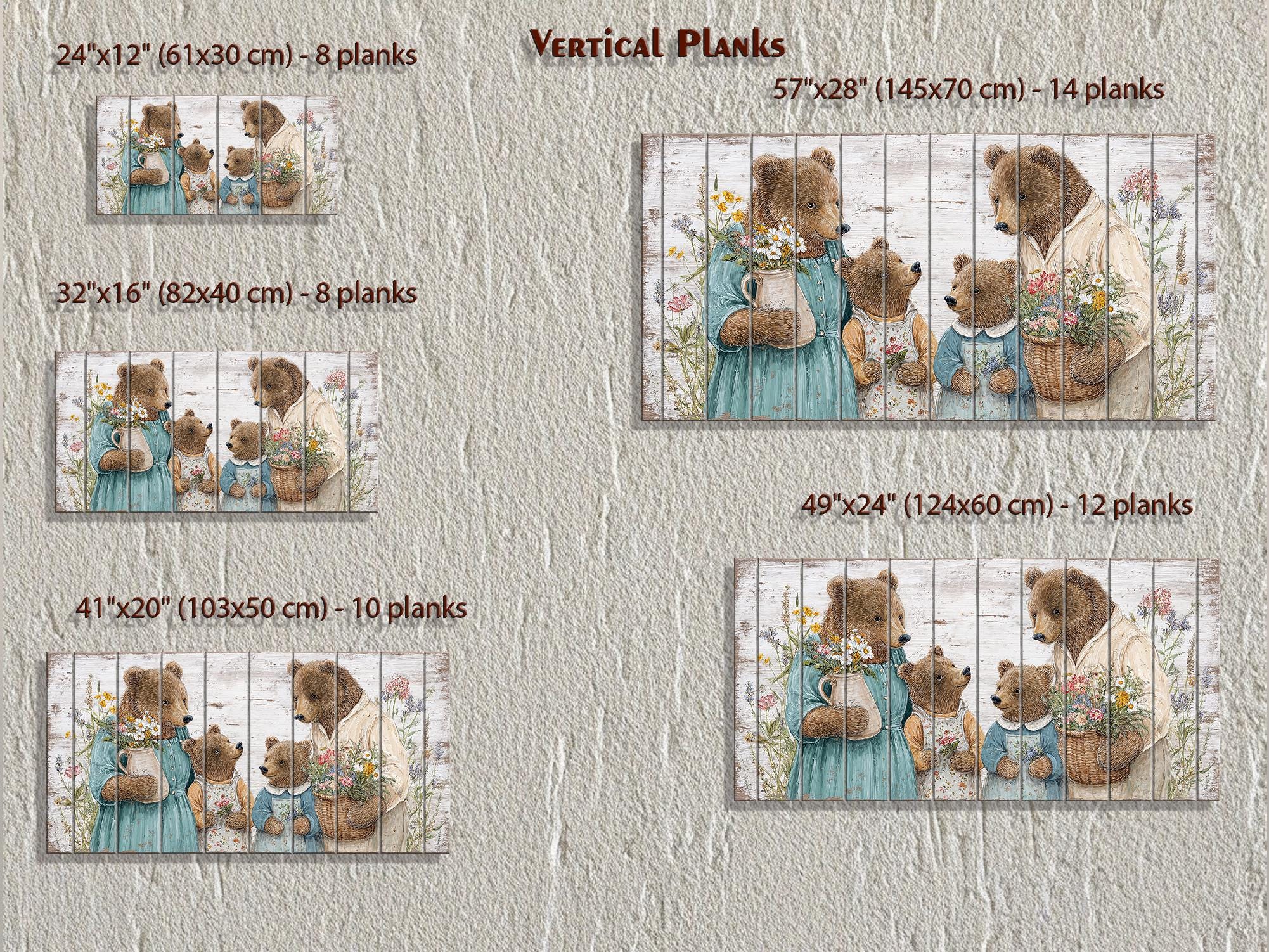 Bear Family Large Horizontal Wood Wall Art, Cottagecore Nursery Kids Room Decor