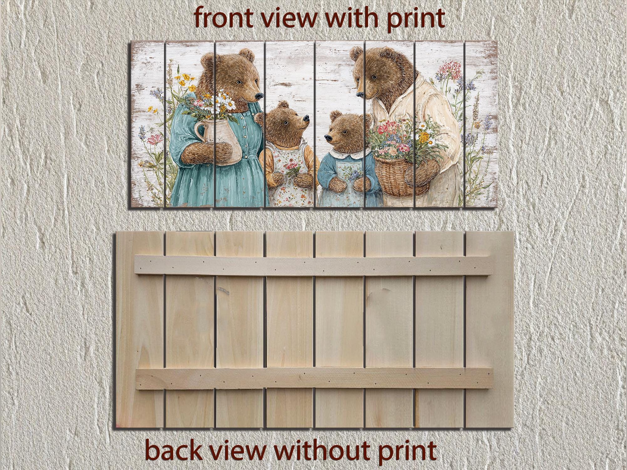 Bear Family Large Horizontal Wood Wall Art, Cottagecore Nursery Kids Room Decor