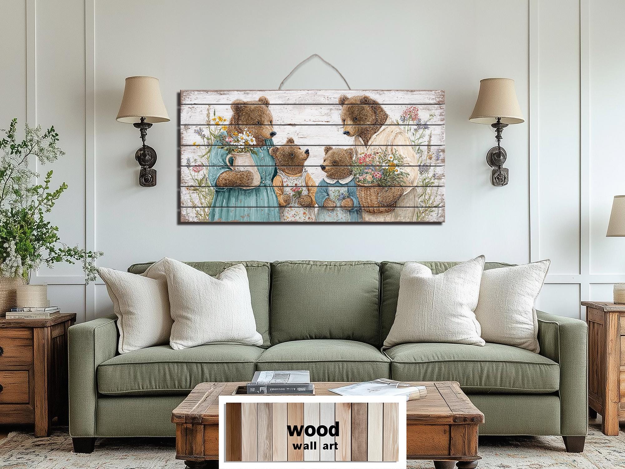 Bear Family Large Horizontal Wood Wall Art, Cottagecore Nursery Kids Room Decor