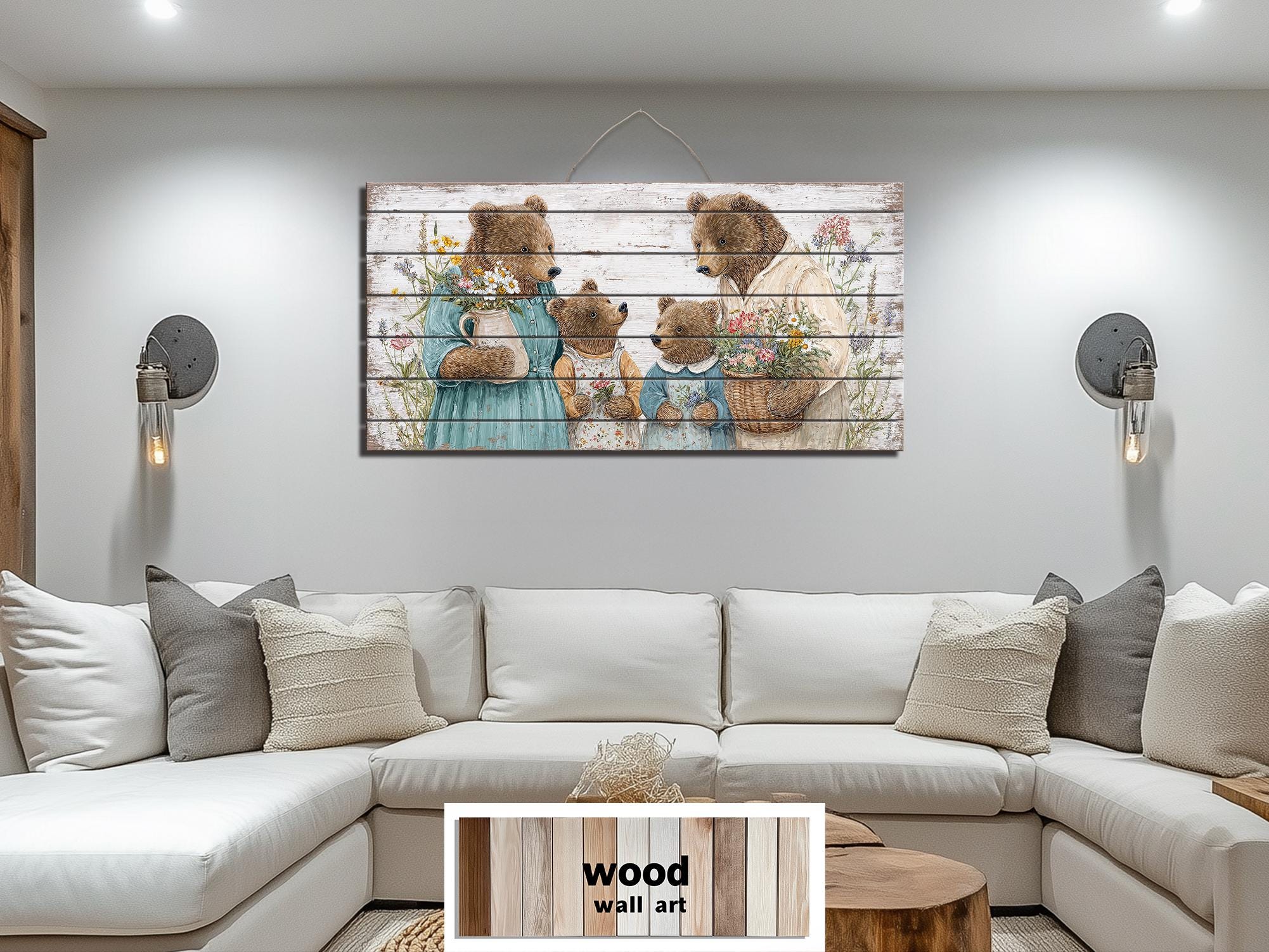 Bear Family Large Horizontal Wood Wall Art, Cottagecore Nursery Kids Room Decor