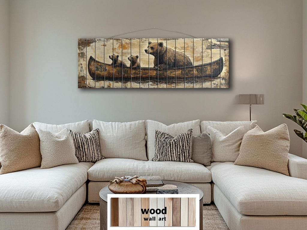 Bear Family Mama And Cubs In Canoe Real Wood Wall Art