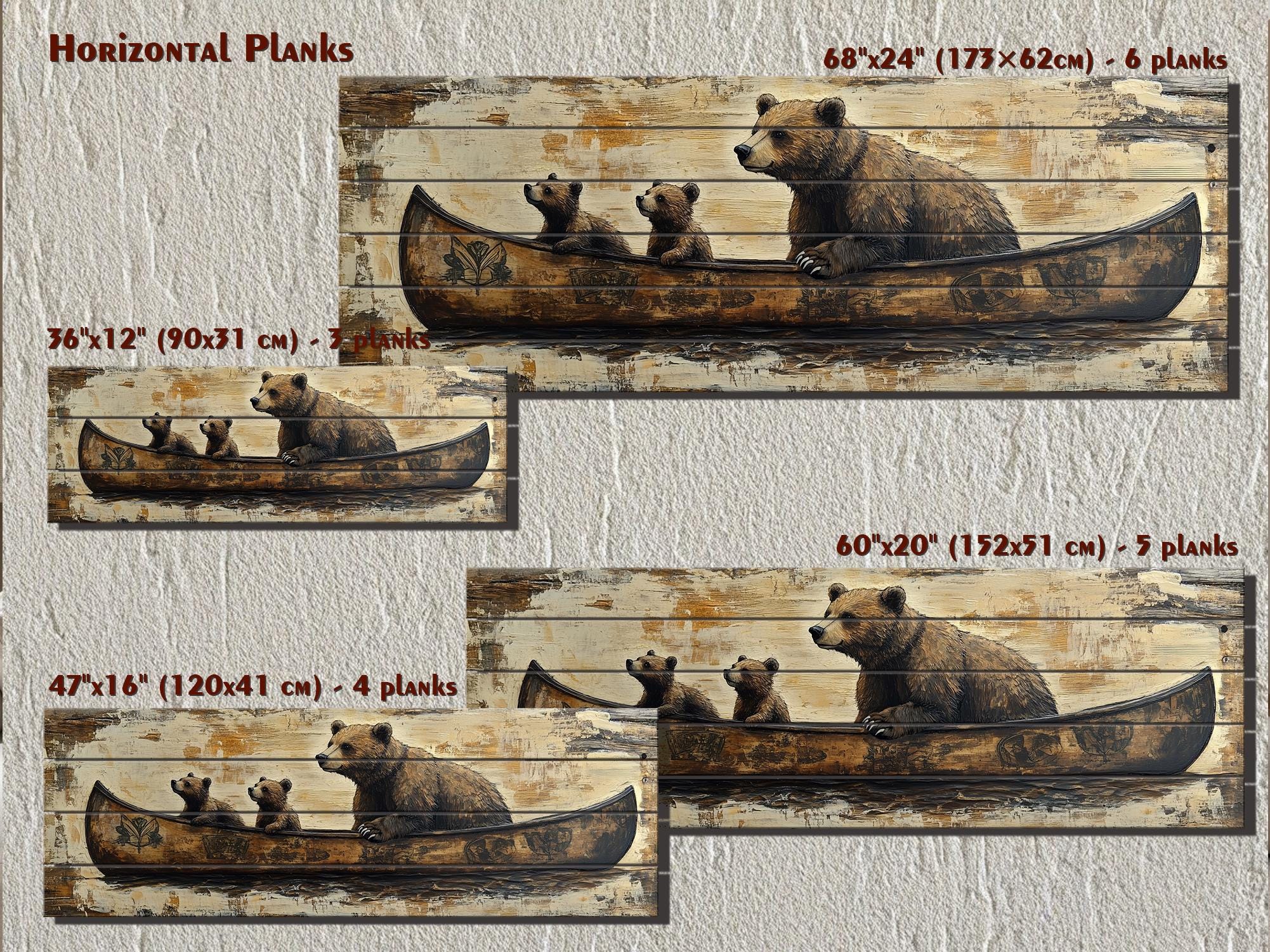 Bear Family Mama And Cubs In Canoe Real Wood Wall Art