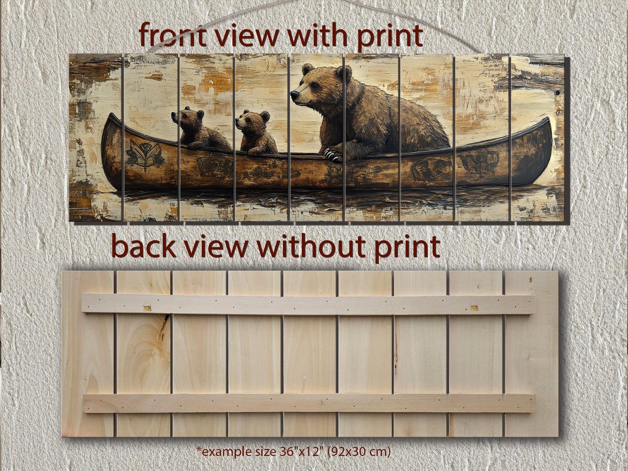 Bear Family Mama And Cubs In Canoe Real Wood Wall Art
