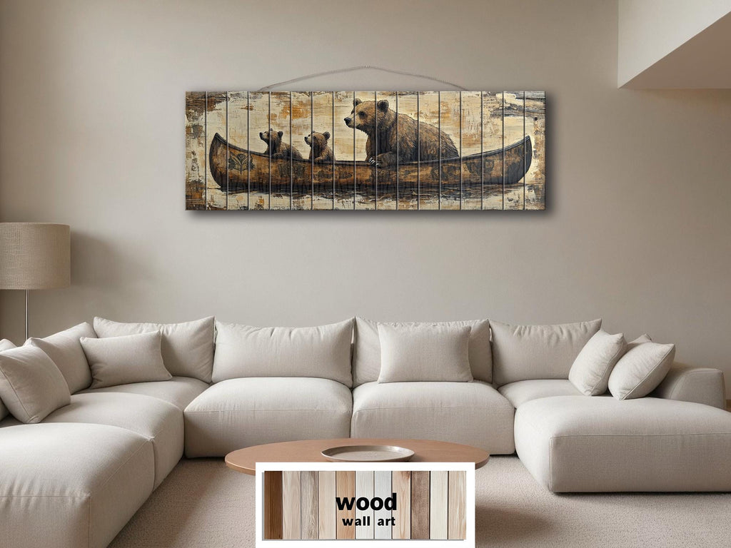 Bear Family Mama And Cubs In Canoe Real Wood Wall Art
