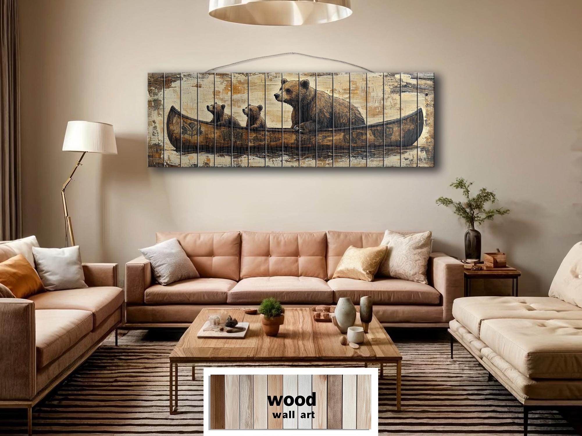Bear Family Mama And Cubs In Canoe Real Wood Wall Art