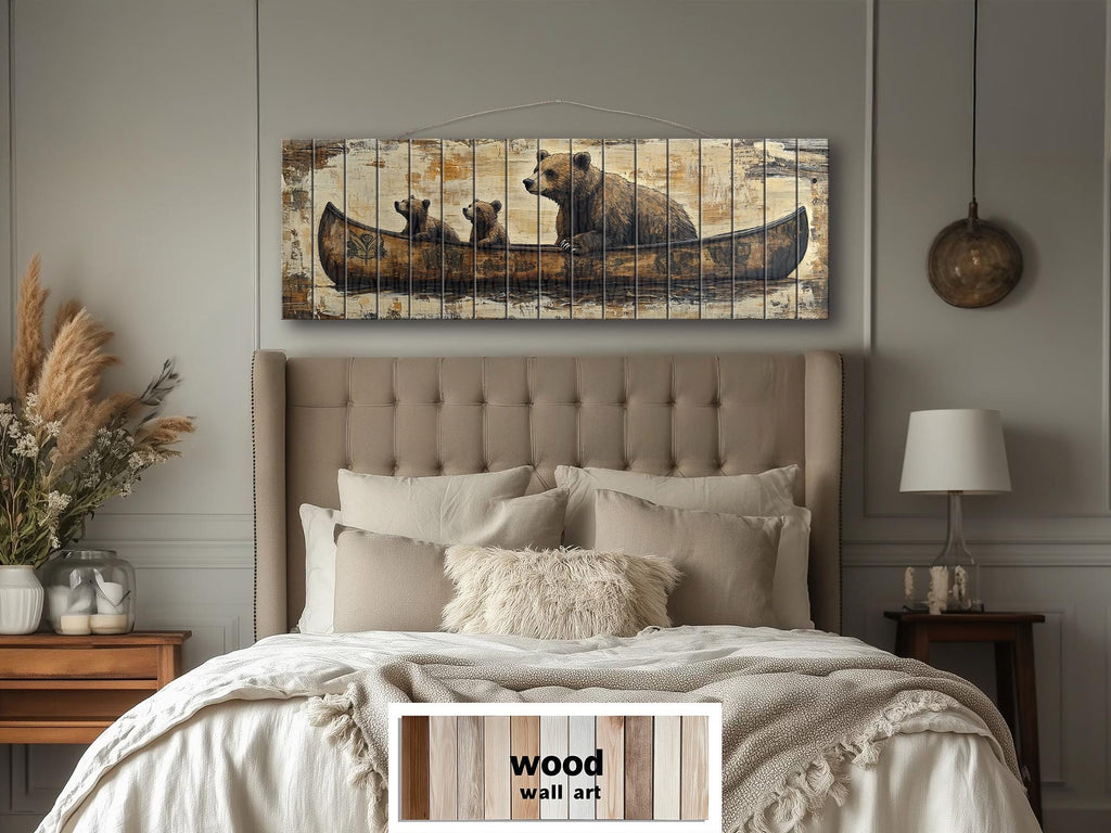 Bear Family Mama And Cubs In Canoe Real Wood Wall Art